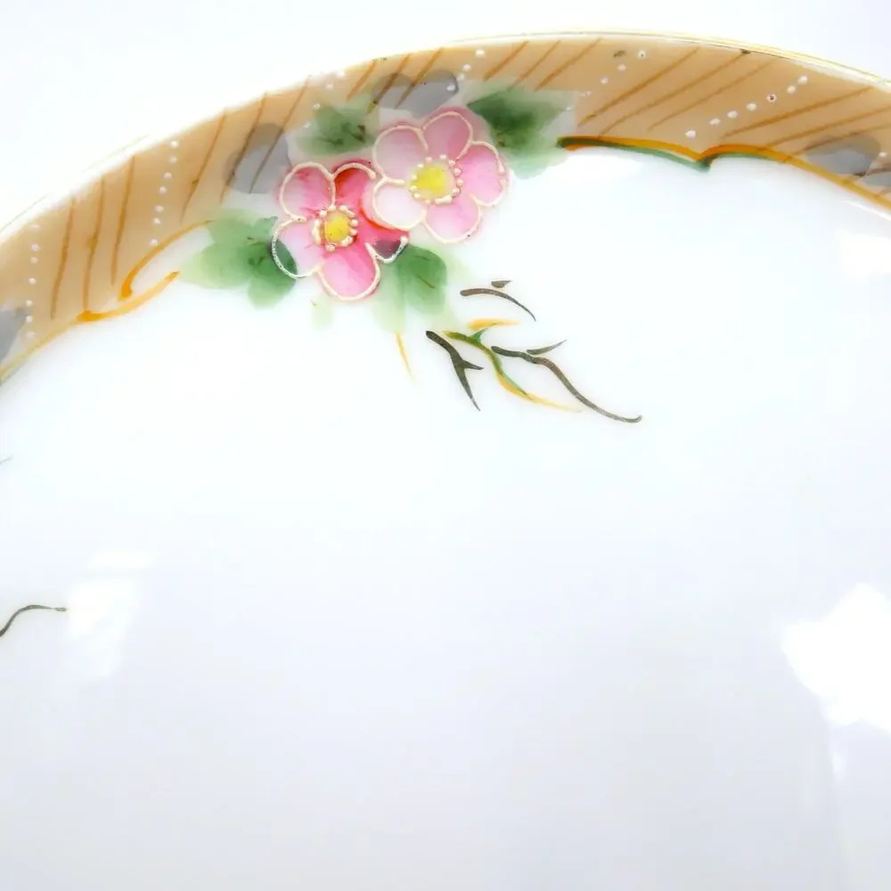 Antique Nippon Hand Painted Porcelain Plate Pink Floral Raised Enamel 1920 Japan